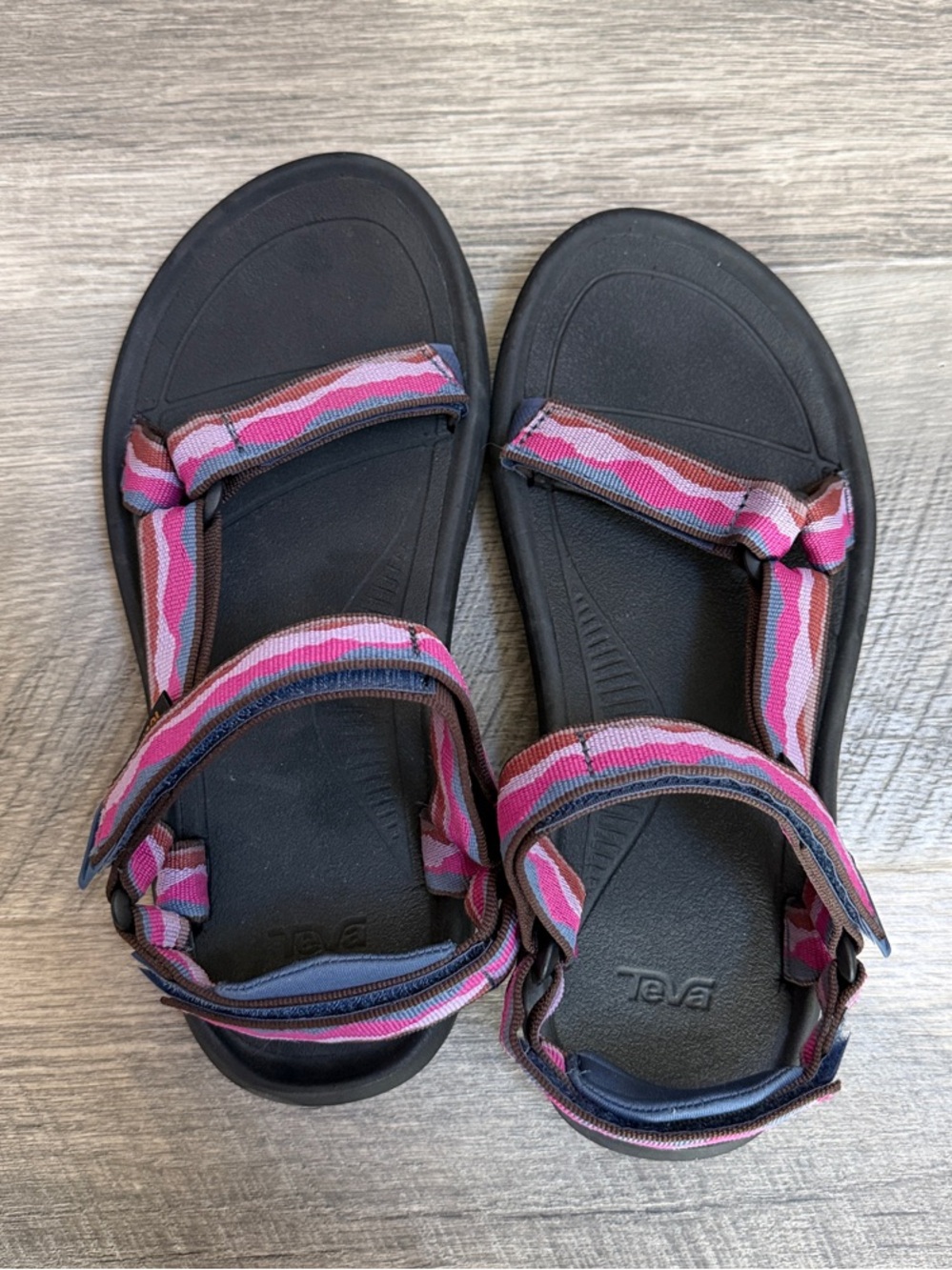 Teva Black Sandals with Pink and Purple Striped Webbing